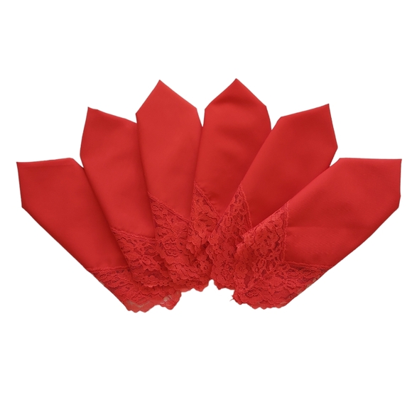 Cloth Table Dinner Napkins Set of 6 Red Lace Trimmed - Picture 2 of 8